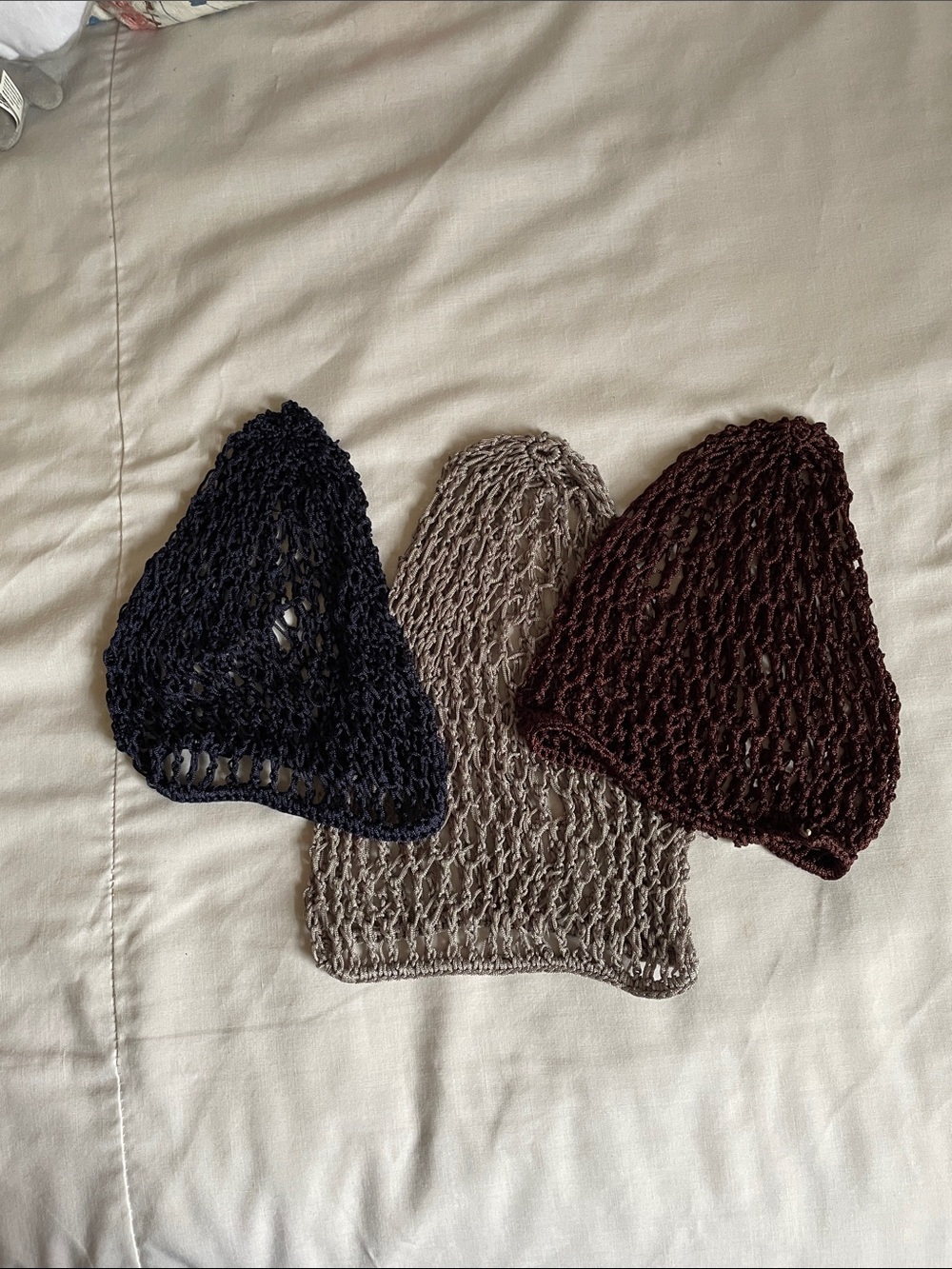 3 Pc Women’s Rayon Crocheted Mesh Hair Net Snoods in Navy, Grey, Brown - Picture 4 of 4